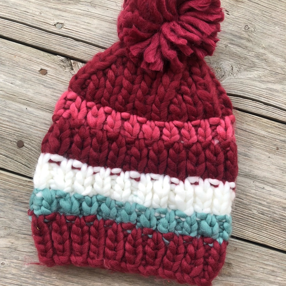 Burgundy striped Pom beanie